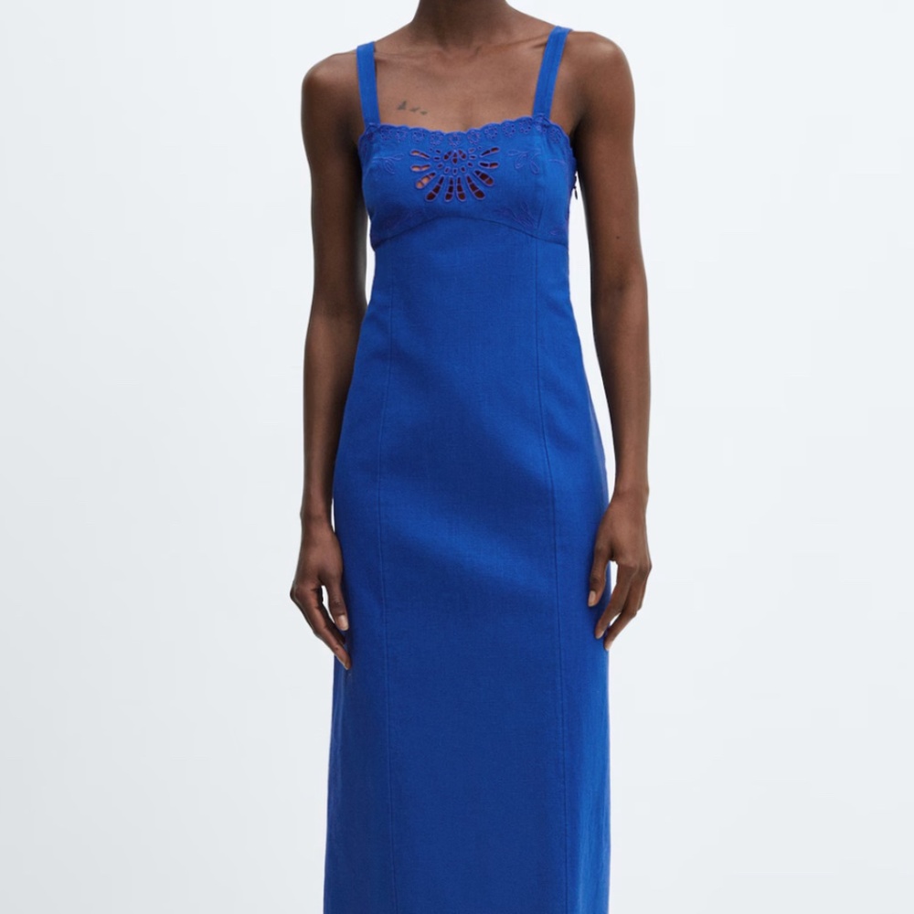 Mango Eyelet Embroidered Blue Midi Dress